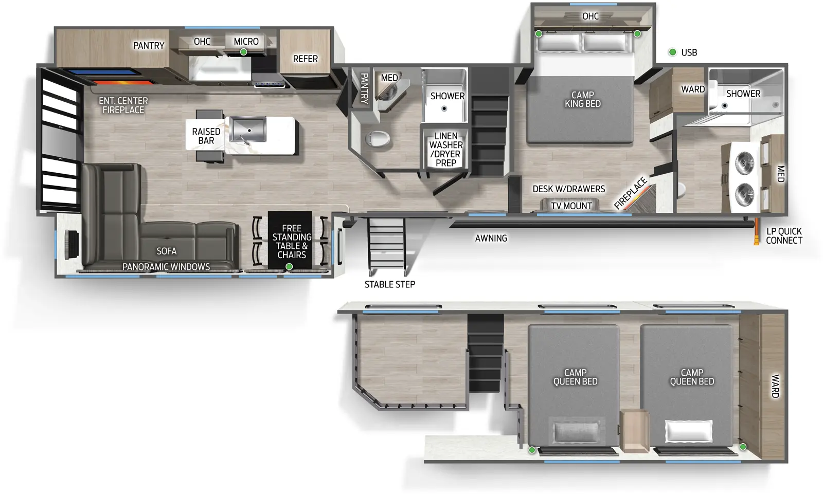 The Campsite Reserve 39JD floorplan has one entry and two slide outs. Exterior features include: metal exterior. Interiors features include: loft, kitchen island, free-standing dinette option, rear living and two full bathrooms.